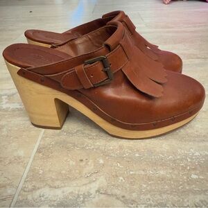 Madewell Brown Leather Kiltie Fringed Clogs Wooden Block Heel Dark Chestnut Sz 7